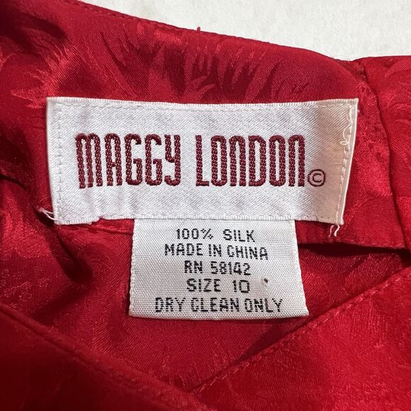 Vintage Maggy London Red Silk Floral Dress 90s Tie Front Sz 10 - Picture 7 of 11